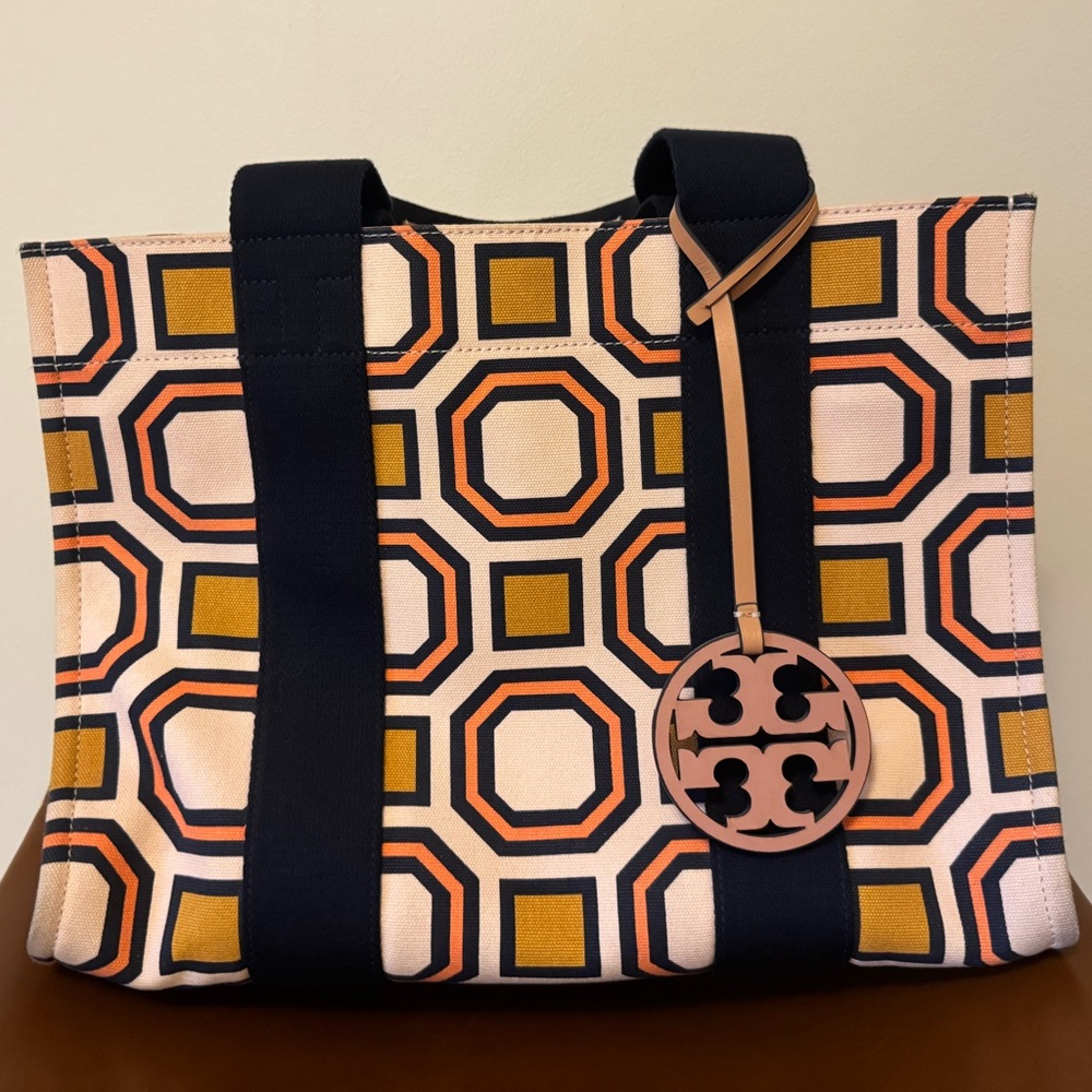 Tory Burch Navy and Gold Geometric Tote